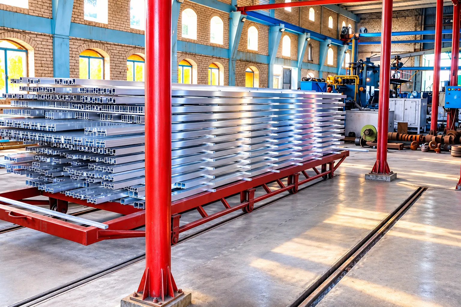 Finished aluminium extrusion profiles racked for inspection